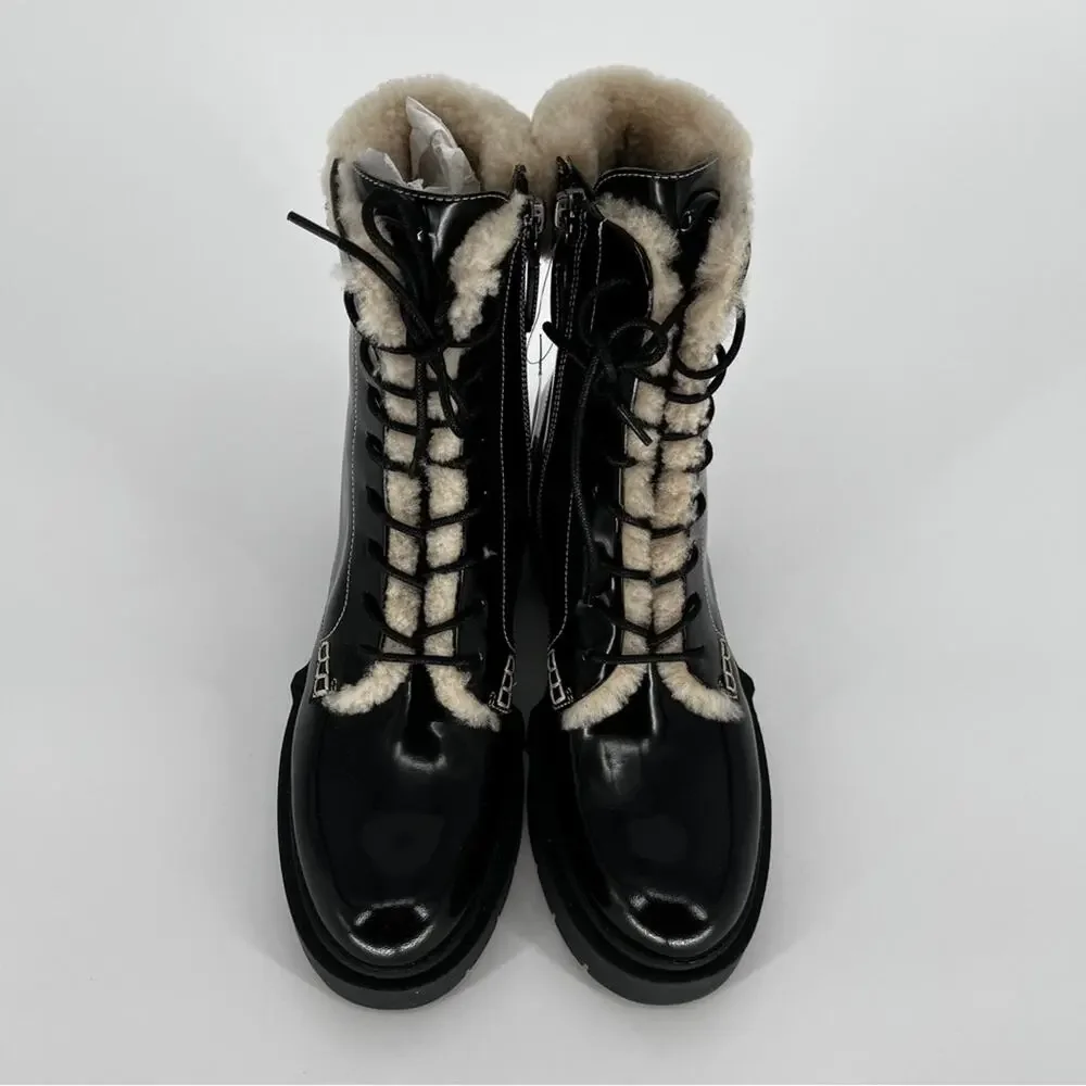 Coach Leighton Combat Boots Black Shearling Trim Lace-Up - Size 8.5